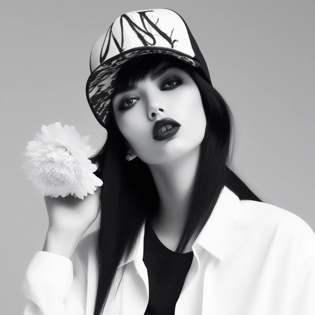 jacket, greyscale, monochrome, simple background, white shirt, ring, black hair, gap-teeth, eyelashes, hair over one eye, collarbone, baseball cap, one eye closed, flower, lips, multiple boys, black shirt