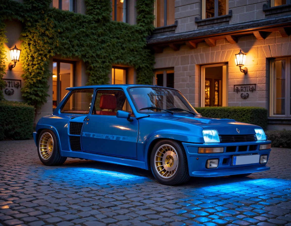 r3nault5, A metallic blue Renault 5 Turbo-inspired car shines under the vibrant glow of its LED undercarriage lights, casting a soft blue hue onto the cobblestone courtyard of a historic European villa. Golden rims gleam in the warm light of hanging lanterns, while the car’s aerodynamic lines are accentuated by the subtle glow. The villa’s ivy-covered stone walls and rustic charm contrast beautifully with the car’s modern LED enhancements. Cinematography inspired by "Fast and Furious," blending old-world elegance with a bold, modern vibe.