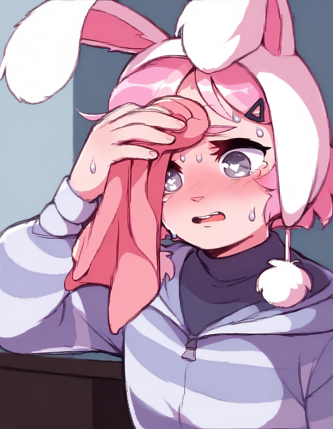 score_9, score_8_up, score_7_up, score_6_up, solo, source_anime
Sophie, short pink hair, large, fluffy bunny ears, striped hoodie, gray eyes, white pupil, SweatingTowelGuy, sweat, towel, wiping sweat, inside room,<lora:SweatingTowelGuy_XLPD:1.1>
 <lora:Sophie_XL:0.9>