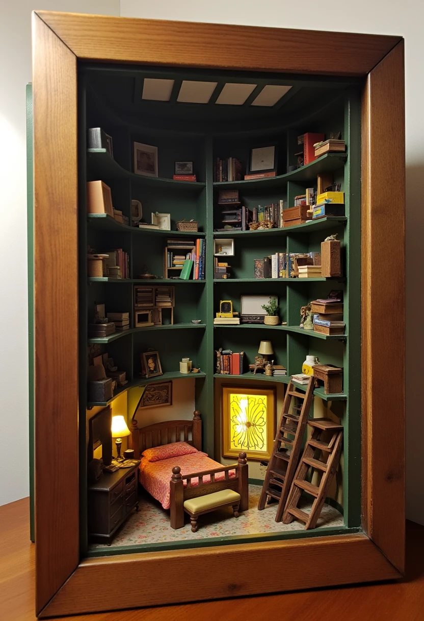 m1n1art, A detailed bookcase doubling as a miniature 80s bedroom, featuring furniture, books, and stairs on a wooden table.


