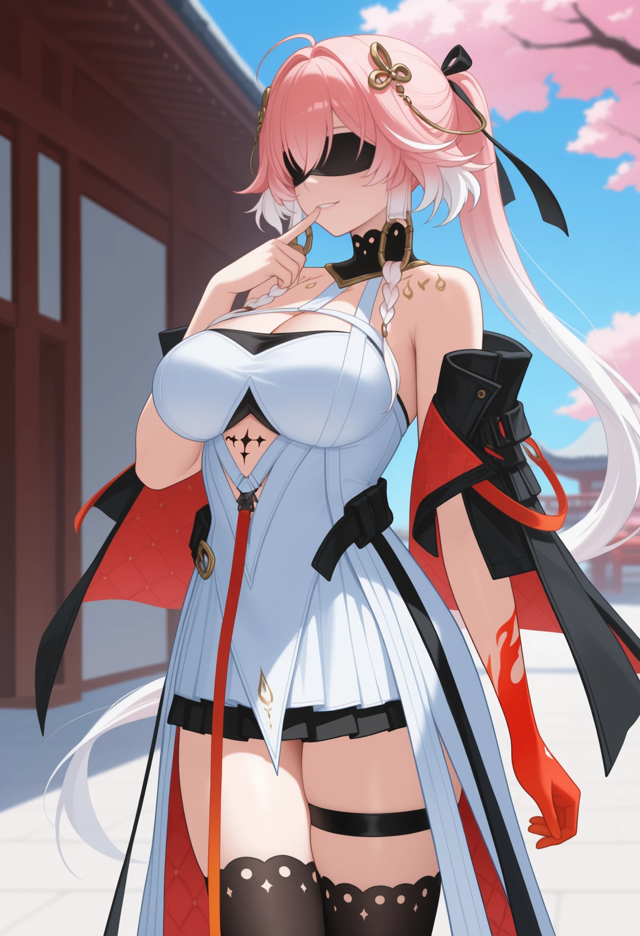 masterpiece, best quality, <break> solo, 1girl, ch4ngli, tacet mark, body markings, smile, standing, finger to mouth, arm at side, long hair, multicolored hair, pink hair, white hair, hair between eyes, ahoge, braid, ponytail, hair ornament, covered eyes, white dress, sleeveless dress, red gloves, single glove, black skirt, pleated skirt, thighs, black thighhighs, thigh strap, bare shoulders, cleavage, large breasts, outdoors, blue sky, east asian architecture, cherry blossoms
<segment:yolo-Anzhc Face seg 640 v2 y8n.pt,0.4,0.5//cid=1>