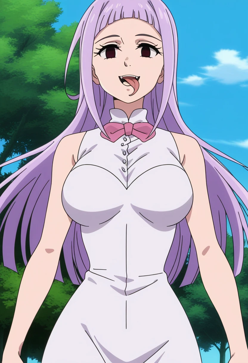 anime screencap,8k, absurd res, 1girl, solo, looking at viewer, long hair, purple hair,bangs,empty eyes,wearing a dress,outdoors,detailed background,trees,long forked tongue, hips,melascula,blue sky,<lora:melascula:1>