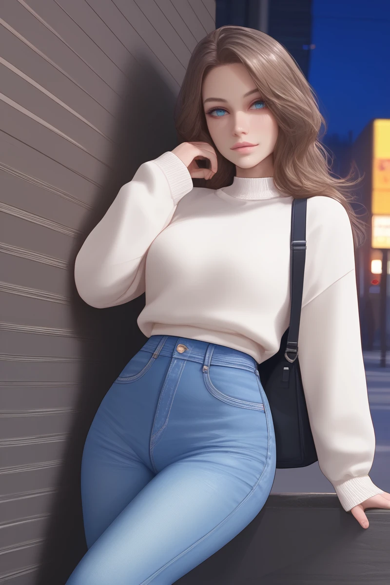 score_9, score_8, score_7, masterpiece, best quality, 1 woman, BPalvDS, blue eyes, brown hair, feminine, beautiful, solo, looking at viewer, <lora:BPalvDS:1> zPDXL2, realistic, city street, late at night, SFW, expressiveh <lora:Expressive_H:1>, sweater, jeans