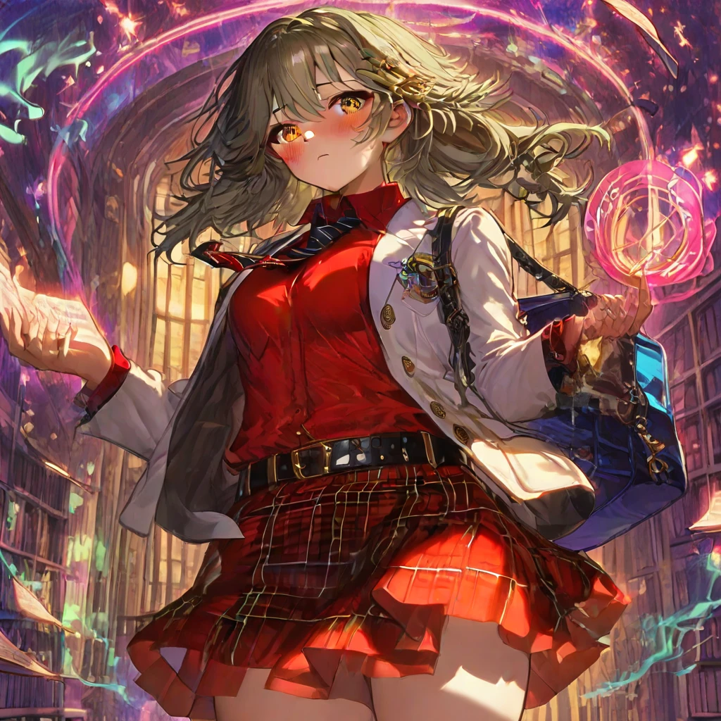 Magical girl sitting on desk. She is casting lightning, fire and water spells. She has an old book in her left hand, which is opened on many pages. Her right eye is red and her left eye is yellow. She has twin tails of blonde hair. Behind her is a large magic circle. The image should show her whole body. She is wearing red glasses, cross-legged, and is alone.