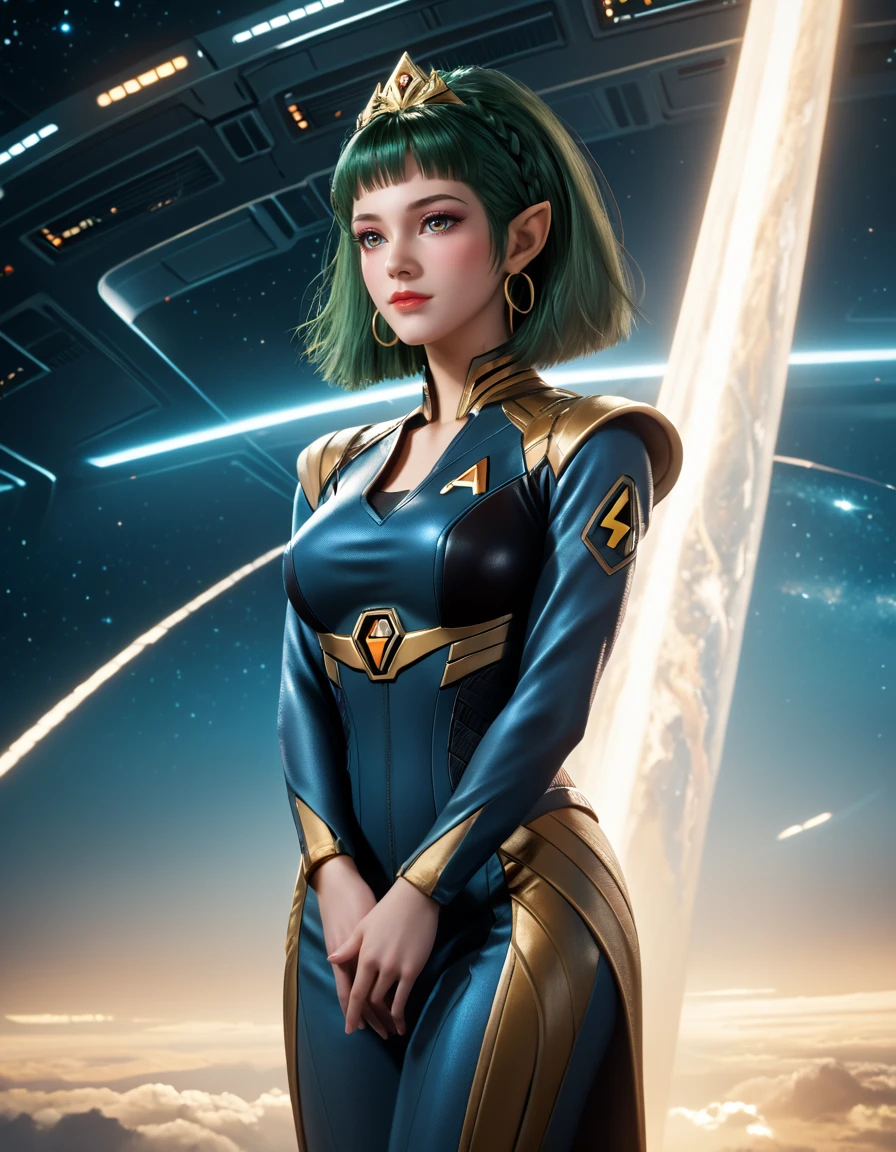 score_9, score_8_up, score_7_up, details,volumetric lighting, dynamic angle, rating_safe, source_anime, <lora:vulcanears:1>, vulcanears, vulcan, 1girl, evening futuristic, star trek,  amber eyes, dark green hair, crown braid, big hair , hands between legs, contemptuous, jib shot, wide shot, hard shadows, futuristic clothes, alien planet