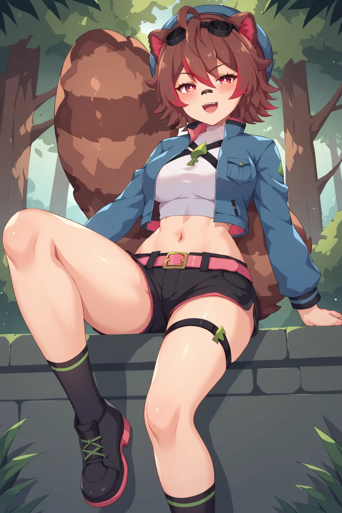 score_9, score_8_up, score_7_up, score_6_up, BREAK, RakkunVTPXL, bandaid on nose, red eyes, brown hair, red hair, multicolored hair, short hair, hair between eyes, ahoge, animal ears, eyewear on head, beret, medium breasts, raccoon tail, blue jacket, open jacket, white midriff, pink belt, black shorts, thigh strap, black socks, black shoes, solo, solo focus, full body, sitting, bellow view, seductive smile, looking at viewer, naughty face, nose blush, forest <lora:RakkunVTPXL:0.8>