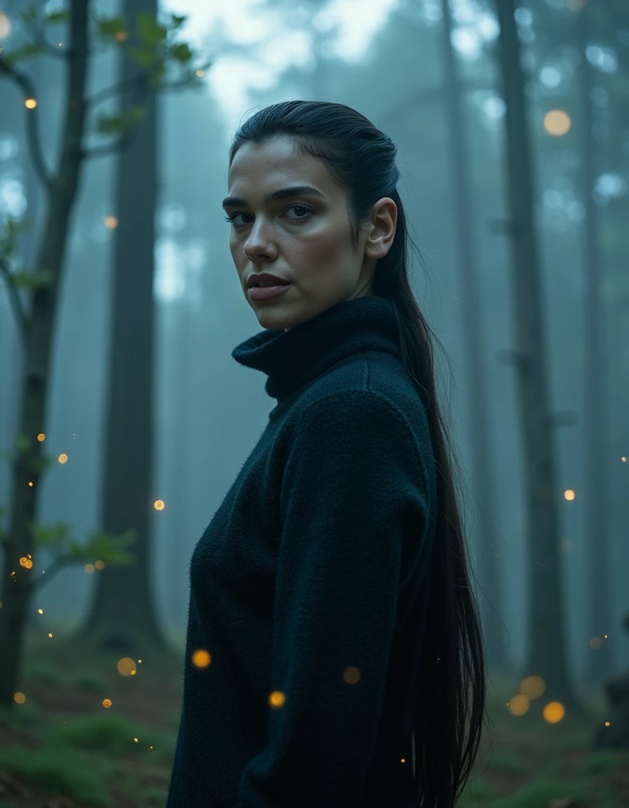 <lora:dua_lipa_dev_f1:1> wearing a turtle neck sweater,  Enchantress from ancient mythology standing in a mist-shrouded, moonlit forest, gazing intensely at the viewer with an otherworldly gaze, surrounded by ethereal fireflies and twinkling stars.