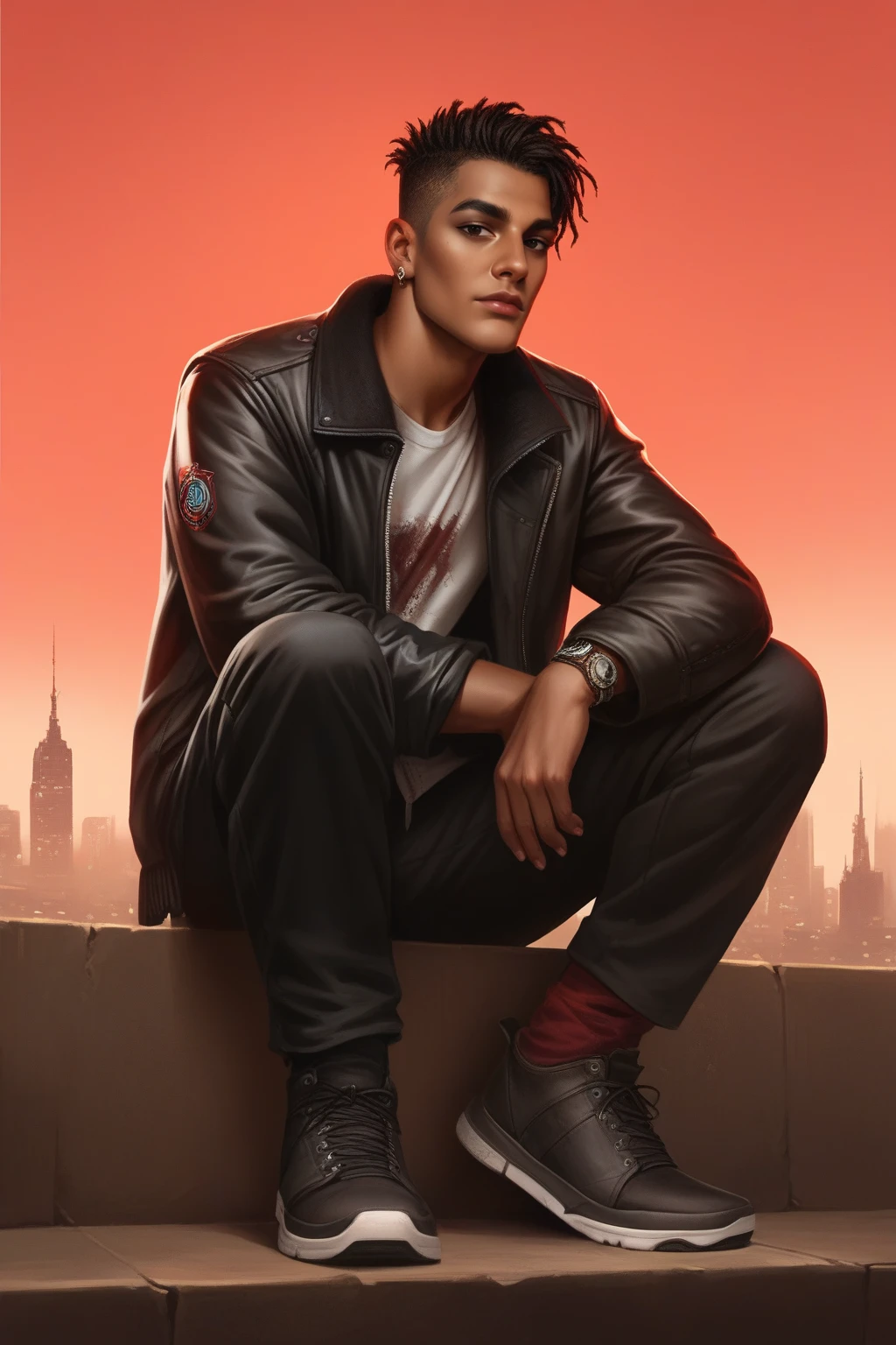 zPDXL3, safe_pos, score_9, score_8_up, score_7_up, male, boy, dark skin, black eyes, textured crop with undercut, high cheekbones, full body, sitting, 
black down jacket, looking down, full body <lora:greg_pony:0.7> greg, from above, apocalyptic city background, red sky, realistic shading, unaestheticXLv31