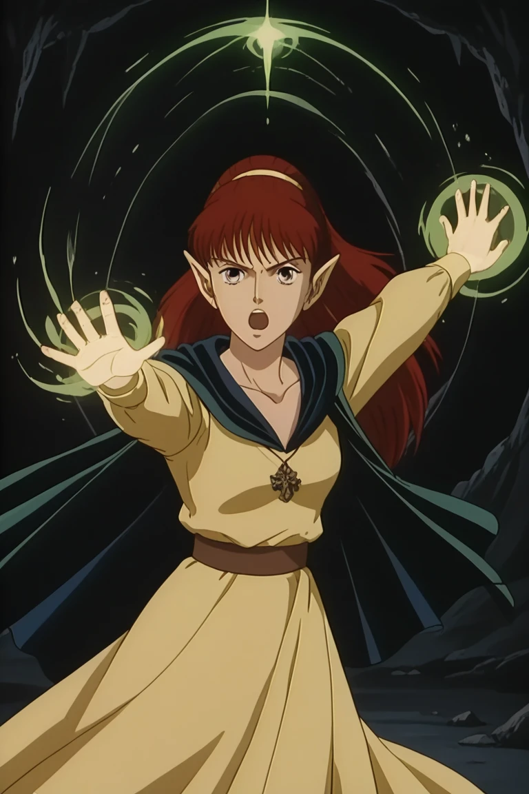 1girl, solo, sheerwiz, red hair, long hair, ponytail, pointy ears, grey eyes, yellow dress, long sleeves, collarbone, jewelry, necklace, black cape, brown belt, standing, cave interior, , dynamic pose, magic, cowboy shot, serious, open mouth, retro artstyle, 1990s (style)