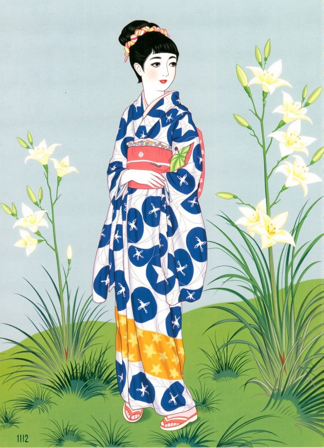 shigerusudo illustration, a woman in a blue and white kimono standing near some lilies on a grassy hill