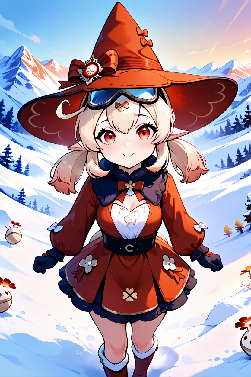 masterpiece, best quality, 32k, high resolution, absurdres, medium breasts, (curvy), cute, eyelashes, vivid colors, BREAK  ,,, zzKlee, klee (blossoming starlight) (genshin impact), hair between eyes, red eyes, ahoge, blonde hair, long hair, low twintails, pointy ears, twintails, witch hat, alternate costume, sidelocks, hat bow, <lora:KleeBlossomingStarlightGenshinIXL:1.0>,,,,,, tiny woman, small woman , petite, short body, skinny, cute girl, pretty girl, innocent girl, snowbunnies,  ski resort mountaintop,  instagram model, fur trim, jacket,  next to snowboard, ski goggles on head, detailed face, perfect makeup, long eyelashes, skirt, fit body, smile, shy, looking at viewer, high angle, <lora:SmoothAnimeIXL:0.8>, <lora:princess_xl_v2:0.3>, <lora:snowbunnies:0.8>,