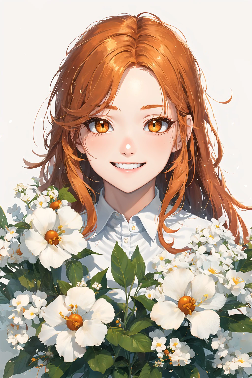 1girl, solo, upper body,
orange hair, long hair,
orange eyes, long eyelashes, thick eyelashes, looking at viewer,
smile,
white shirt,
white background, simple background <lora:1girlDistortionL:1.0>