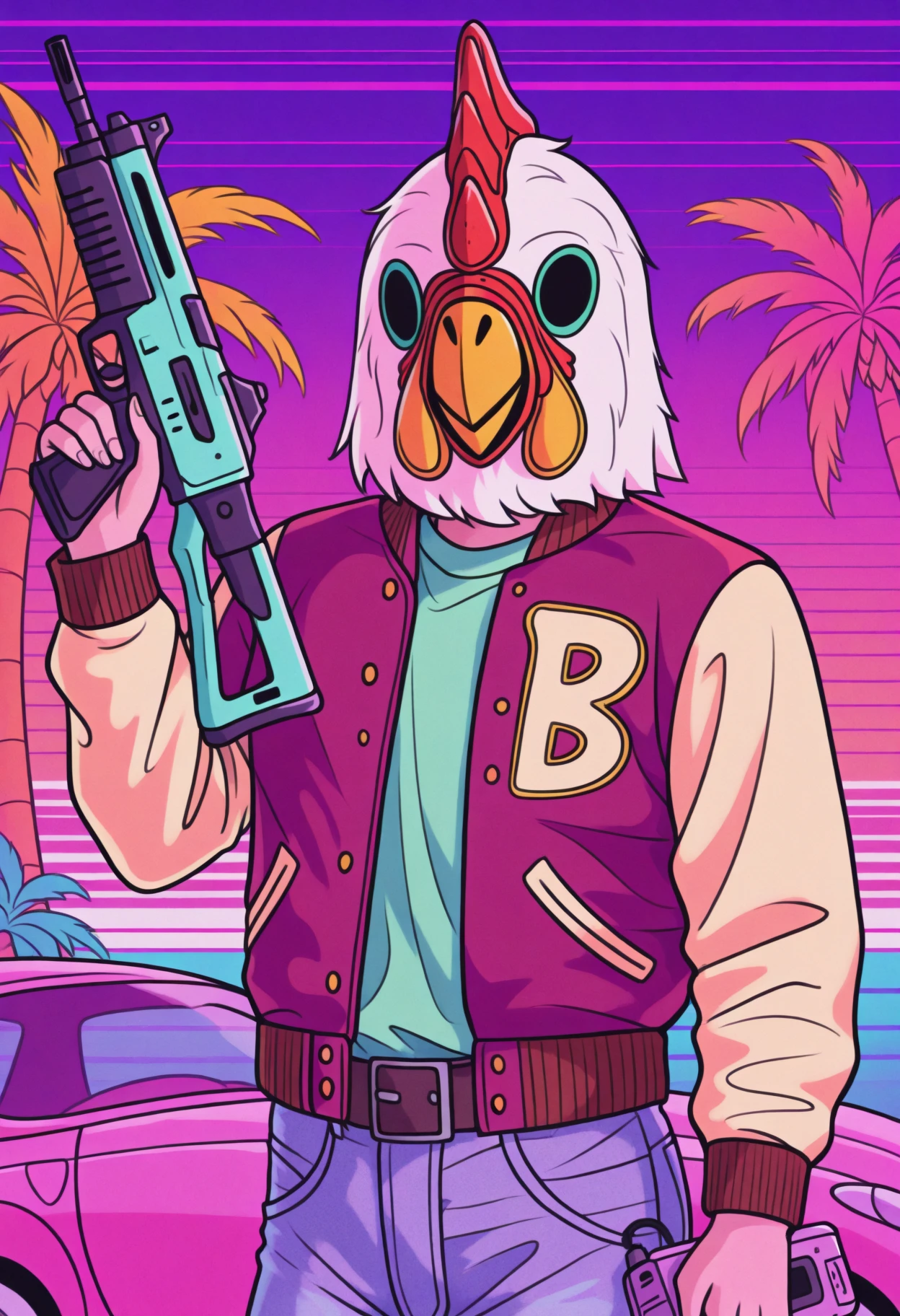 masterpiece, best quality, 1boy, solo, JacketHotlineMiami, mask, letterman jacket, green shirt, belt, jeans, synthwave, purple theme, orange theme, car, palm tree, retro artstyle, uzi, holding gun, micro uzi, holding walkman, walkman, <lora:ChamJacketHMIllustriousXL:1>