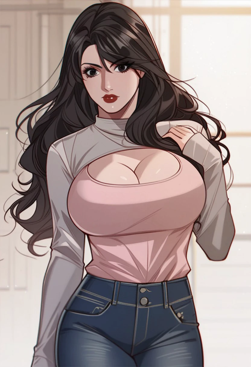 score_9, score_8_up, score_7_up, BREAK, ZhuangXiaodie, long hair, black hair, black eyes, large breasts, red lips, makeup, ZhuangCasualJeans, pink shirt, dark gey sleeves, long sleeves, cleavage cutout, jeans, 1girl, solo,