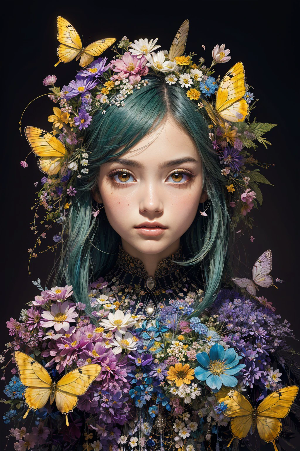 (masterpiece:1.1),(highest quality:1.1),(HDR:1),ambient light, ultra-high quality,( ultra detailed original illustration),(1girl, upper body), ((harajuku fashion)), ((flowers with human eyes, flower eyes)), double exposure, fusion of fluid abstract art, glitch,(original illustration composition),(fusion of limited color, maximalism artstyle, geometric artstyle, butterflies, junk art) <lora:1girlDistortionL:0.8>