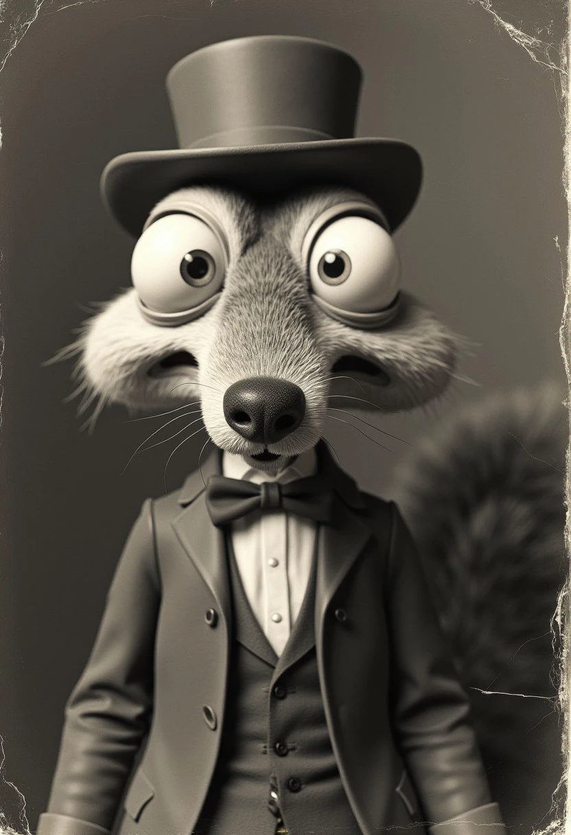 Create an old, weathered black-and-white photograph of a cartoonish, anthropomorphic squirrel with exaggerated, bulging eyes. The squirrel wears an old-timey suit complete with a vest and bow tie, along with a slightly crooked top hat. Its expression is comically intense, staring directly at the viewer with a mix of absurdity and charm. The background is faintly blurred, resembling a vintage studio setting, with cracks and creases in the photo to emphasize its aged and dilapidated appearance. The squirrel's sharp, exaggerated features are reminiscent of early 20th-century cartoon characters, giving it a quirky, nostalgic vibe