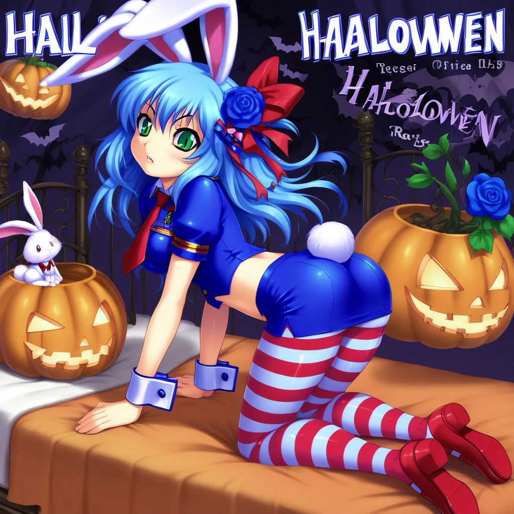 arm support, midriff, rabbit girl, halloween, striped pantyhose, sidelocks, bow, blue skirt, uniform, hair ribbon, character name, rabbit ears, red footwear, necktie, blue flower, hair ornament, slit pupils, ass, medium breasts, green eyes, on bed, short dress, tight dress