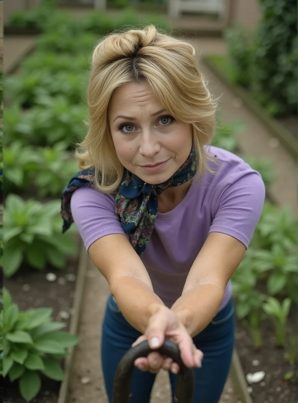 A professional photograph of a woman in her late 20s Felicity_Kendal wearing a tight lilac tshirt, leaning on a shovel in a vegetable garden, light make-up, scarf tied around hair, detailed skin, bokeh, female focus, SFW <lora:Felicity_Kendal:1>