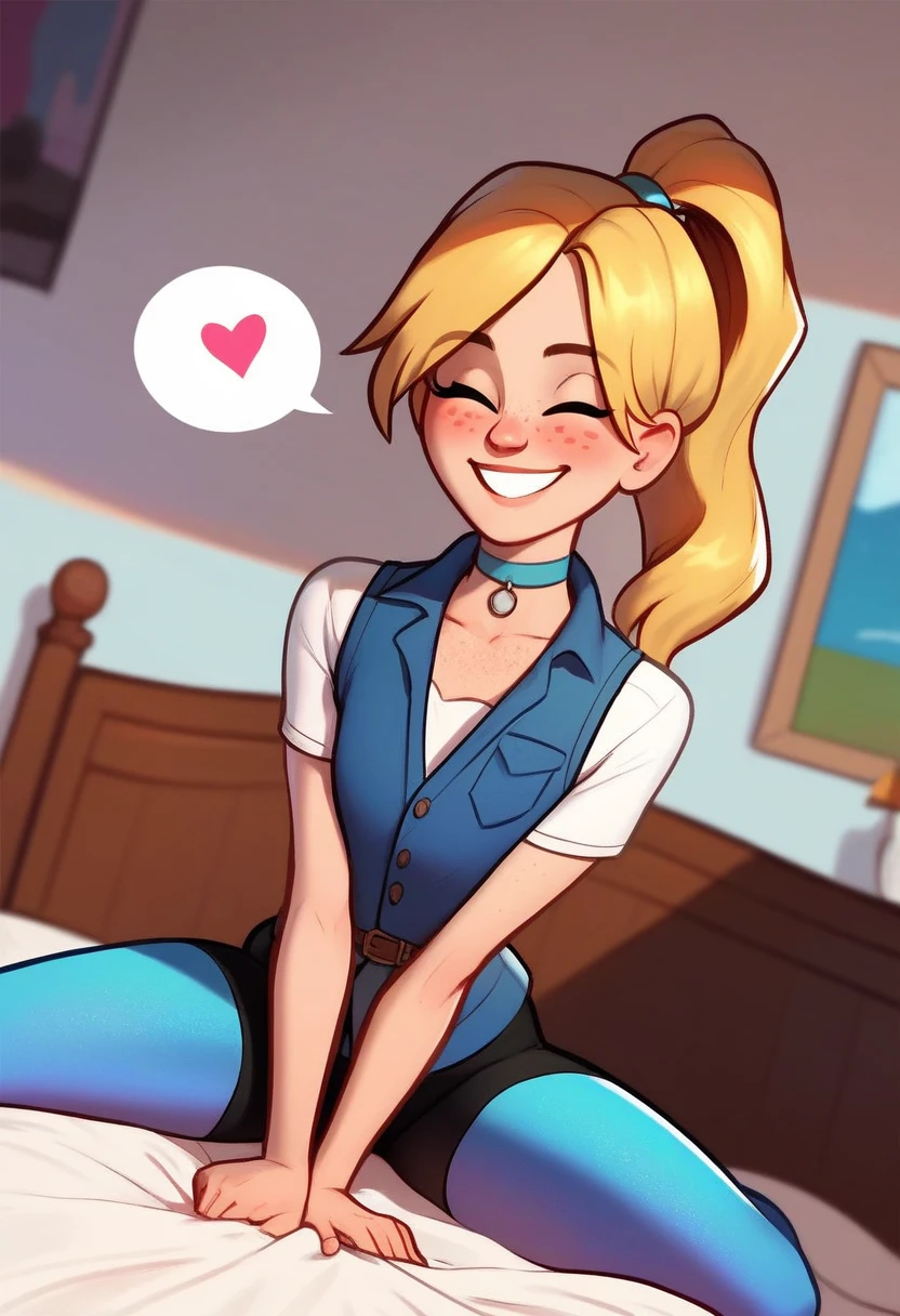 score_9, score_8_up, score_7_up, score_6_up, score_5_up, 1girl, solo,
<lora:Izzy (Storybooth):1>
Izzy_Storybooth, blonde hair, high ponytail, freckles, closed eyes, bespoken heart,
choker, grin, teeth,
(leggings), cowgirl outfit, vest,
seductive pose, dutch angle,
indoors, (detailed background), bedroom, bed,
looking at viewer, coy smile, flirtatious look,
sultry expression, blush,