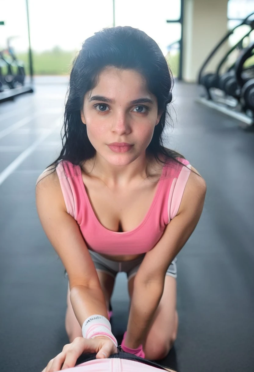 score_9, score_8_up, score_7_up, bivya, photo, 1girl, long black hair, pink top, grey shorts, perfect body, looking at viewer, kneeling on floor, gym, (POV:1.4), depth of field, potrait, realistic, highly detailed, film grain, Rim Lighting, grainy, amateur, lowres, 2000s nostalgia, webcam photo, flash, Nokia 3310 in 1998