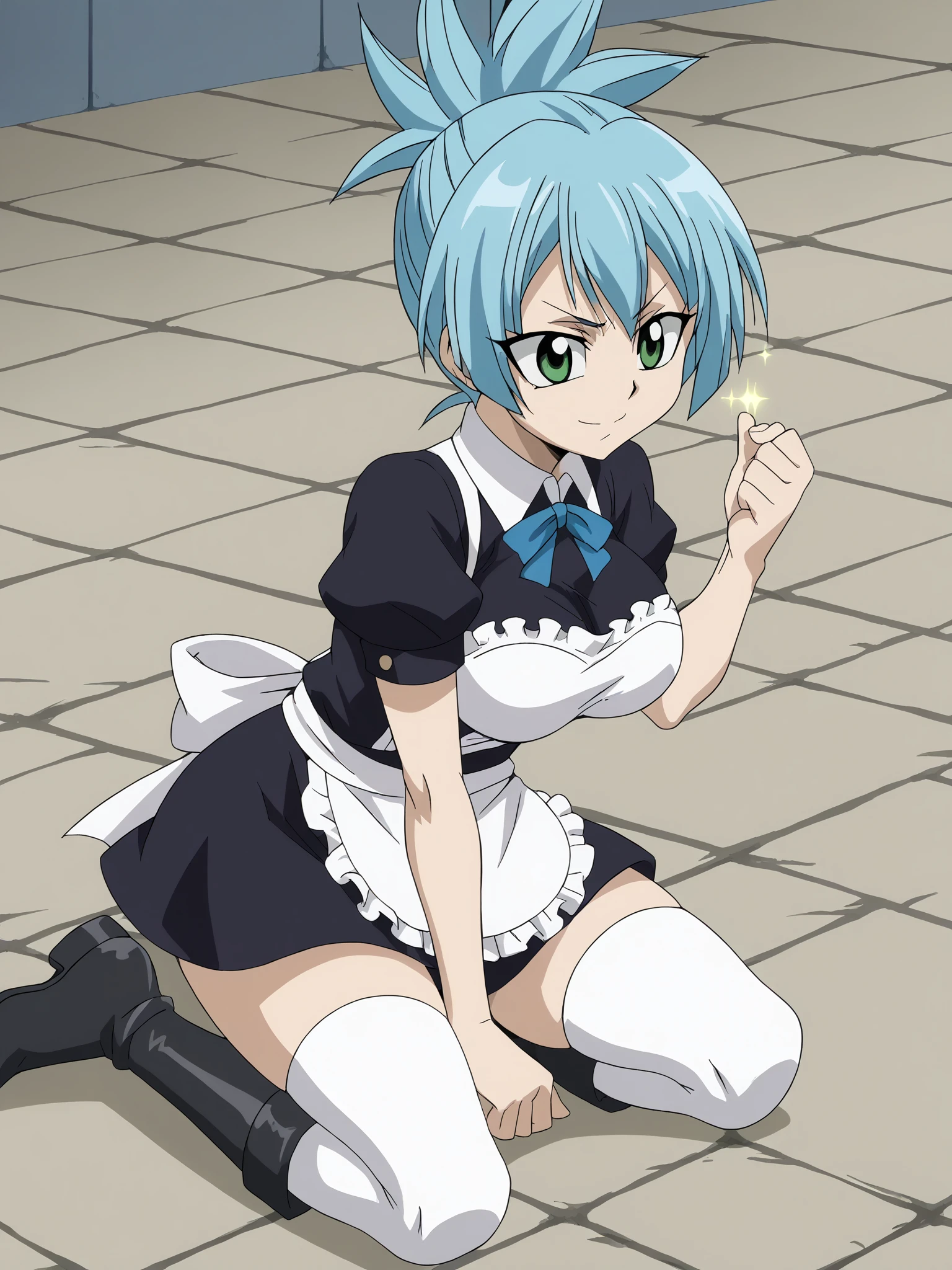 score_9, score_8_up, score_7_up, score_6_up, score_5_up, source_anime, smooth_anime,
Sora, 1girl, green_eyes, blue_hair, folded_ponytail, (large_breasts, breast_press), 
1girl, green_eyes, sitting, thighhighs, smile, blue_hair, black_footwear, full_body, white_thighhighs, holding, short_sleeves, bow, skirt, puffy_sleeves, closed_mouth, boots, shoes, dress, solo, apron, sparkle, ponytail, puffy_short_sleeves, short_hair, aqua_hair, blue_bow, maid, frills, v-shaped_eyebrows, 
<lora:Sora:1> <lora:Fairy_Tail:.75> <lora:Kazamaki:.75>