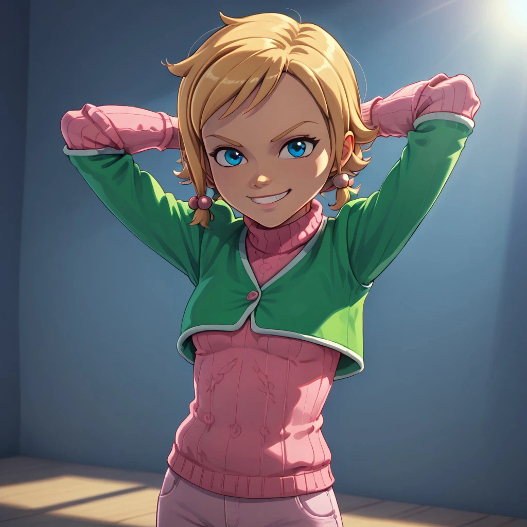 score_9, score_8, score_7, break, solo, cathy_mbc, 1girl, blonde_hair, short hair, hair bobbles, blue eyes, sweater, vest jacket, pants, hands behind head, smirk, smiling at viewer, sunlight, shadows, natural lighting