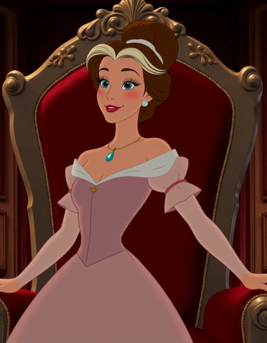 disney studio animation of beautiful woman standing in throneroom with an elegant high neck modest ballgown. She has brown hair with blonde streaks and dramatic eyeliner with a slight smile.<lora:Person_NadineBreaty-FLUX:1>