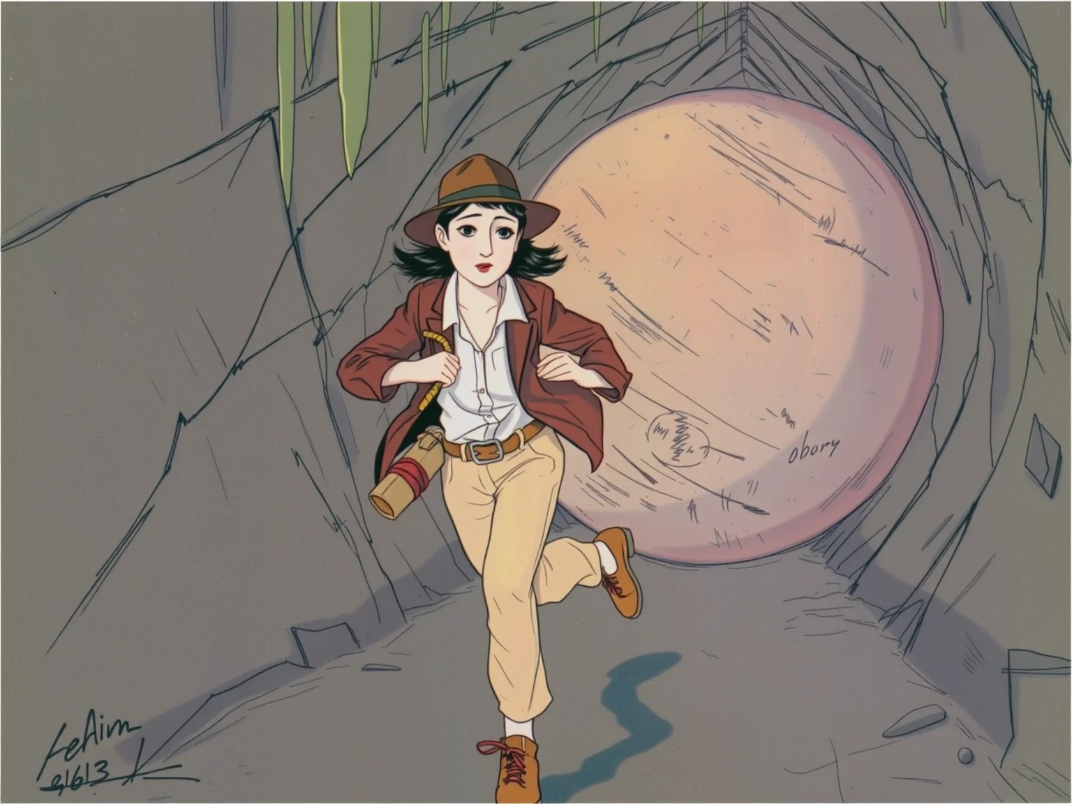 shigerusudo illustration: a young woman with tan skin running with all her might towards the viewer, expending all her energy desperately trying to escape a huge perfectly round boulder that is rolling down a narrow sloping corridor in a dark cave towards her. the woman is dressed like Indiana Jones, with a dark brown fedora, a dark brown leather jacket over a white button-up shirt, and beige pants, with a rolled-up whip hanging from her belt. there are stalactites hanging from the cave ceiling. the woman has a frightened but determined expression as she looks back at the boulder.