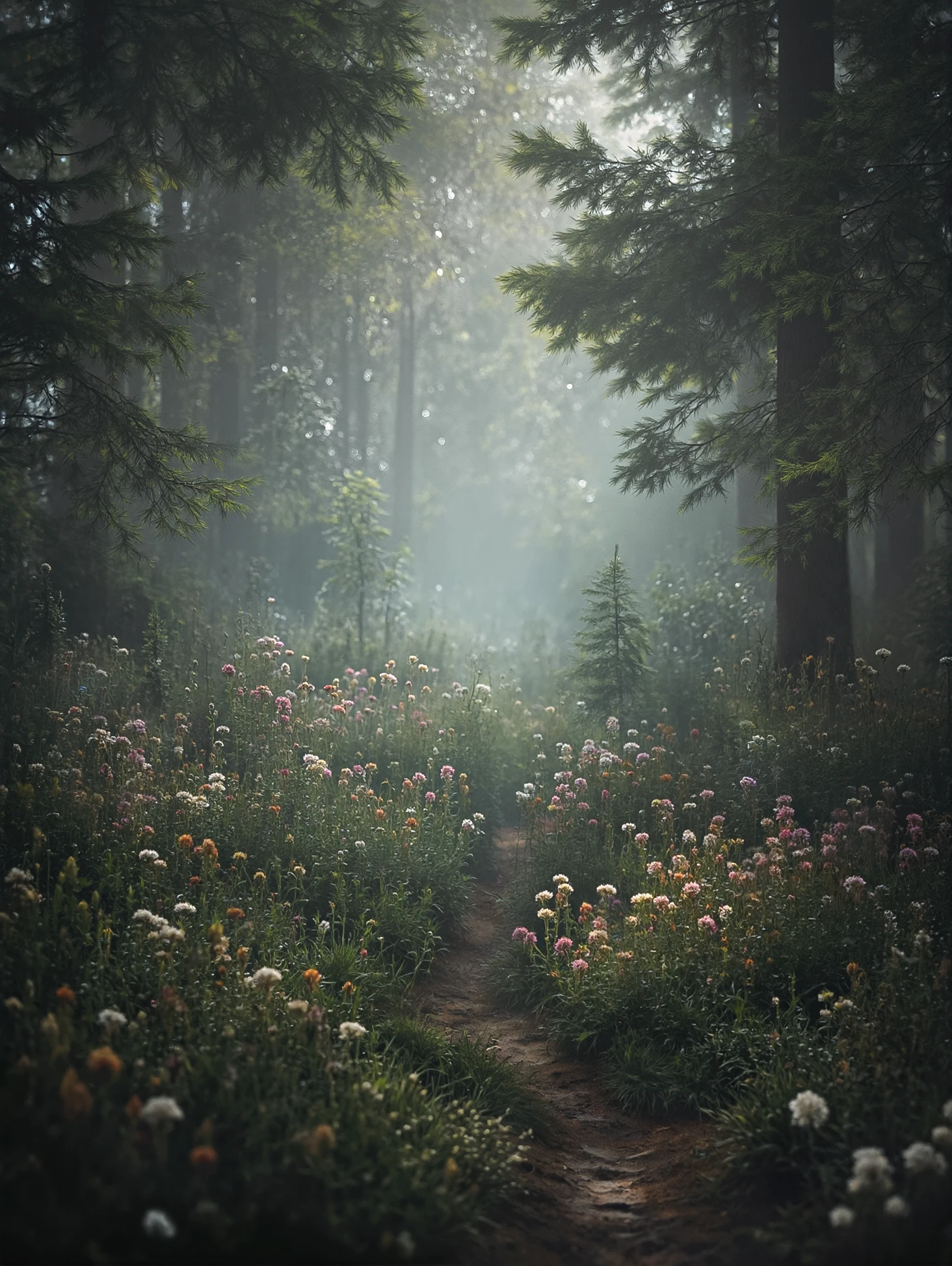 bokeh-macro. This is a high-resolution, photograph capturing the intricate beauty morning forest, first sun rays making their way through the fog. Dew on forest flowers. The image is in soft focus, with a bokeh effect that creates a dreamy, ethereal atmosphere. Unusual, mystical landscape.