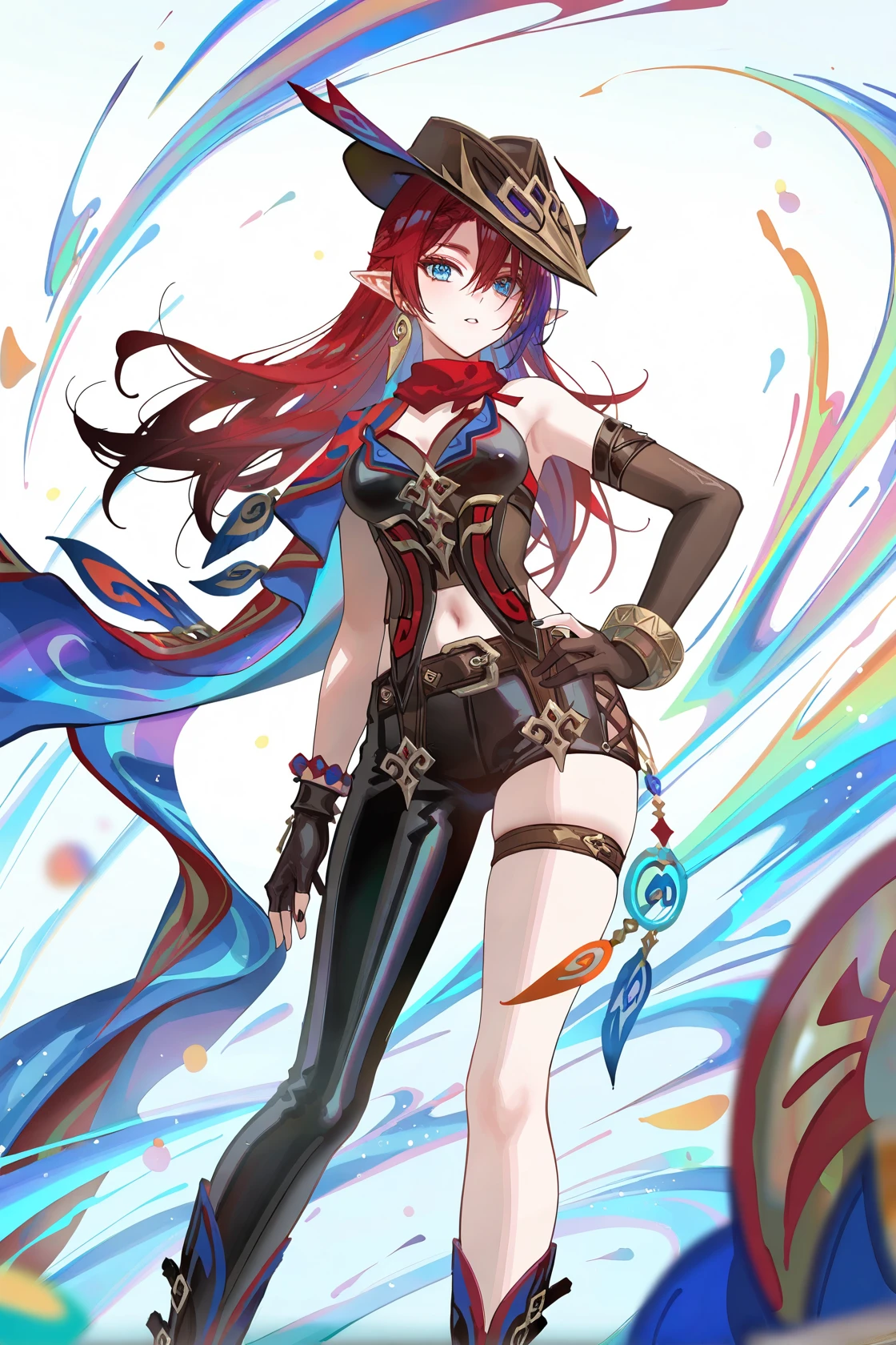 (paint splashes, abstract, painting_\(medium\), water paint:1.4),  girl made of paint, colorful, best quality, highres, absurdres, ultra-detailed,  <lora:ErisV2:0.8>, Adult_Eris, 1girl,  red_hair, solo, long_hair, breasts, large_breasts, red_eyes, brown_chaps, brown_shorts, navel, hairband, brown_coat_white_fur, midriff,  hand_on_hip, inner_thighs, criin, shinkawa youji, <lora:yojiShinkawaStyle_offset:0.7>,  <lora:criinStyleLora_offset:1>