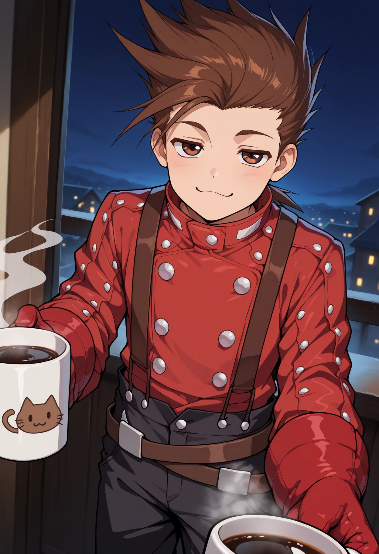 masterpiece, best quality, 1boy, coffee mug, steam, giving, reaching towards viewer, :3, smug, <lora:LloydToS-illu:1> defLloyd, brown hair, spiked hair, brown eyes, red jacket, long sleeves, red gloves, suspenders, black pants, belt, night