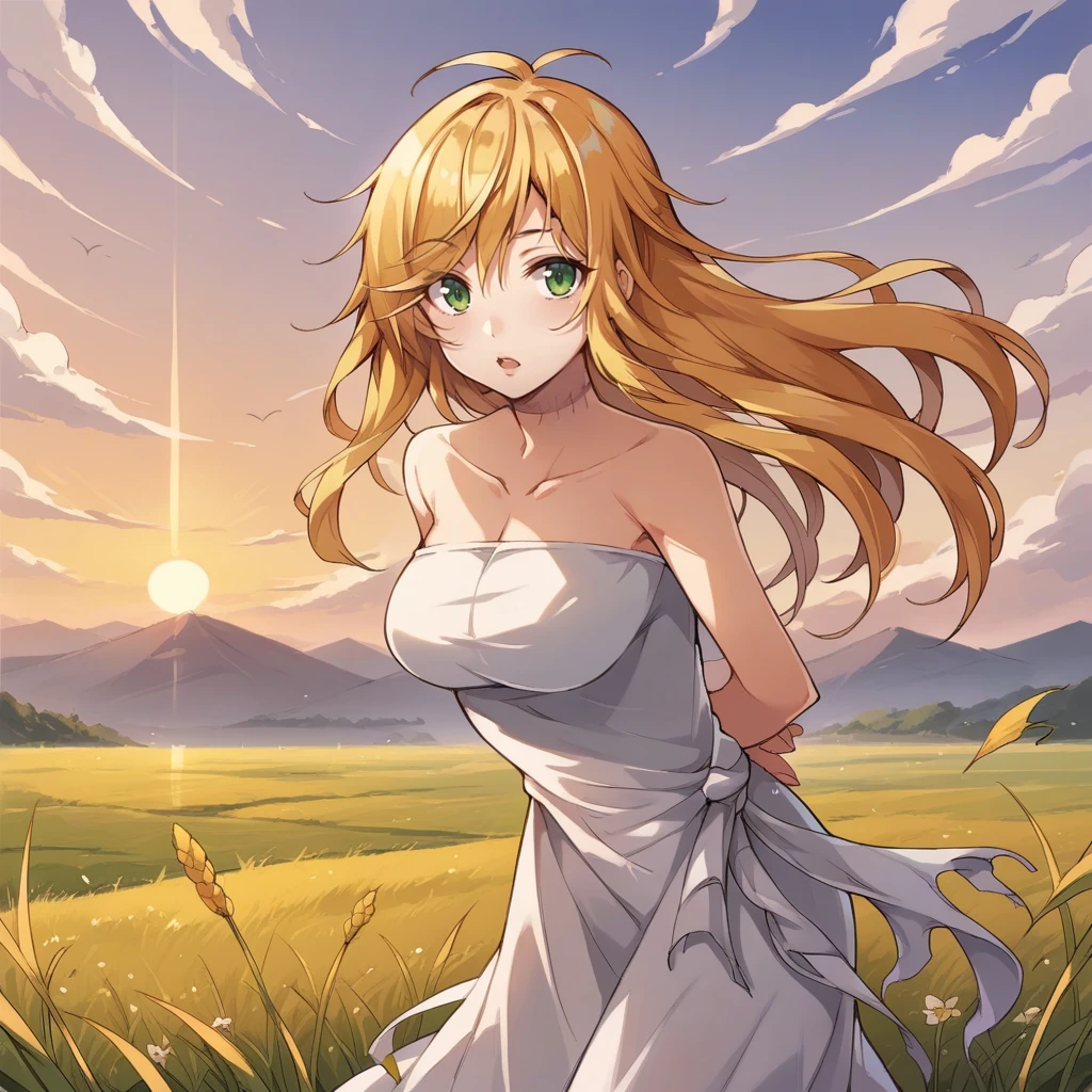 score_9_up, score_8_up, score_7_up, source_anime, 1girl, solo, sun light, clouds, sky, field, leaning forward, hands behind back, confused, open mouth, head tilt, looking at you, Marie, long hair, blonde hair, green eyes, bare shoulders, strapless dress, white dress, scar on neck, collarbone,  mature body, dynamic cowboy shot, 