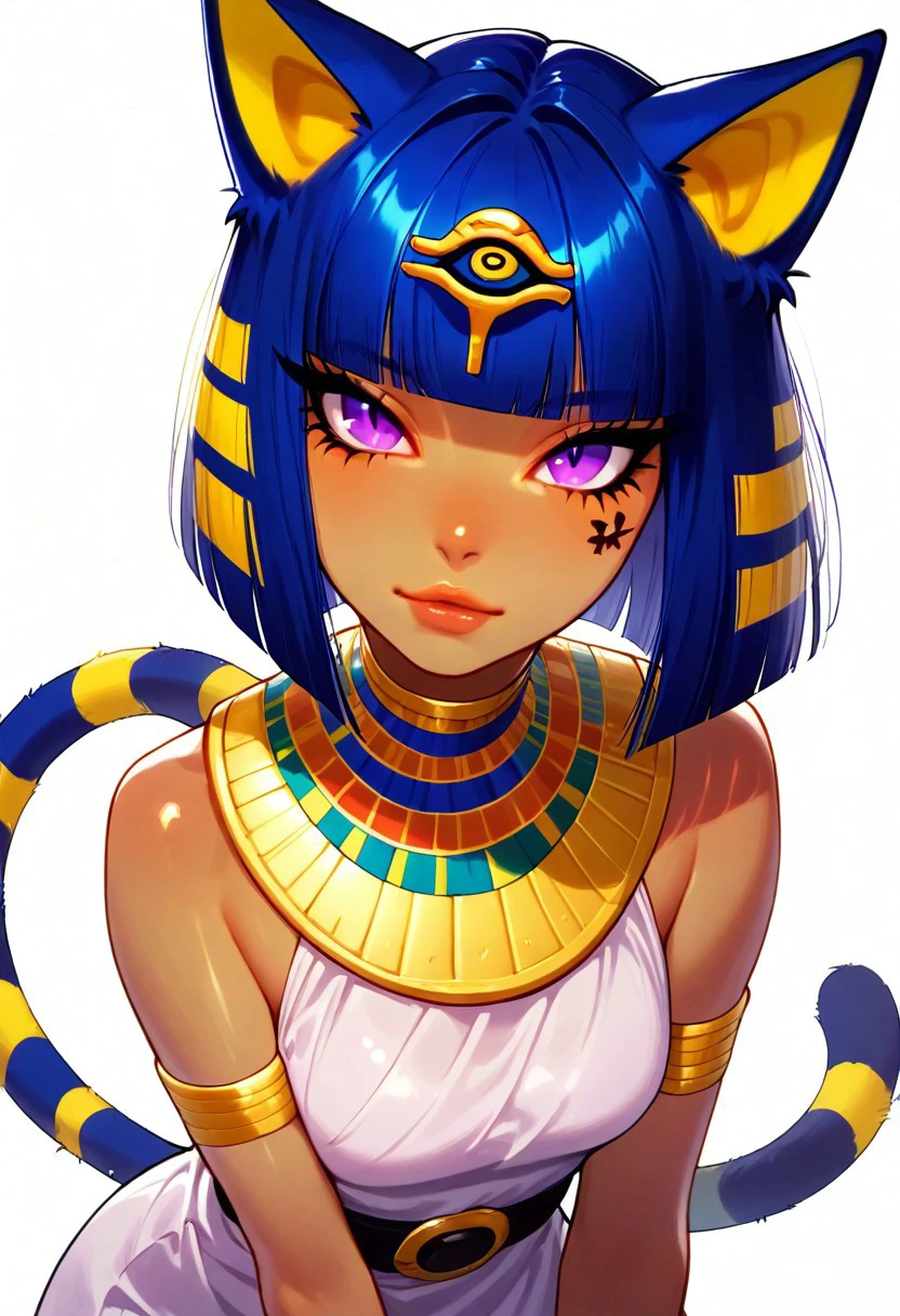 masterpiece, best quality, 1girl, solo, cute, eyelashes, (beautiful eyes), beautiful lips, 
,,,
upper body, leaning forward, portrait, 
zzAnkha, purple eyes, animal crossing, animal ears, armlet, blonde hair, blue hair, blunt bangs, blunt ends, bob cut, cat ears, cat girl, cat tail, dark skin, eye of horus, eyelashes, eyes visible through hair, facial tattoo, humanization,  bare shoulders, belt, daniel deng, dress, shiny skin, short hair, slit pupils, tattoo, usekh collar, white dress