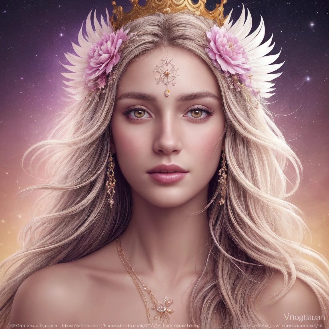 VirgoSign, crown of feathers, woman, face,  woman focus, face beauty, realistic, 8K, ultra quality, elegant, highly detailed, ultra realistic, photograph, <lora:VirgoSign:0.11>, flower background, beautiful celestial background