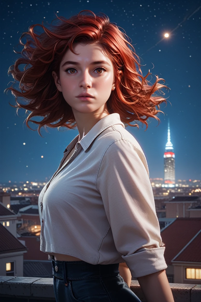 score_9, score_8_up, score_7_up,
<lora:DPDIMKate:0.8>
DPDIMKate, 1girl, red hair, brown eyes, looking at viewer, standing on a rooftop at night, city lights twinkling below, wind gently blowing hair, starry sky above, mysterious and enchanting ambiance