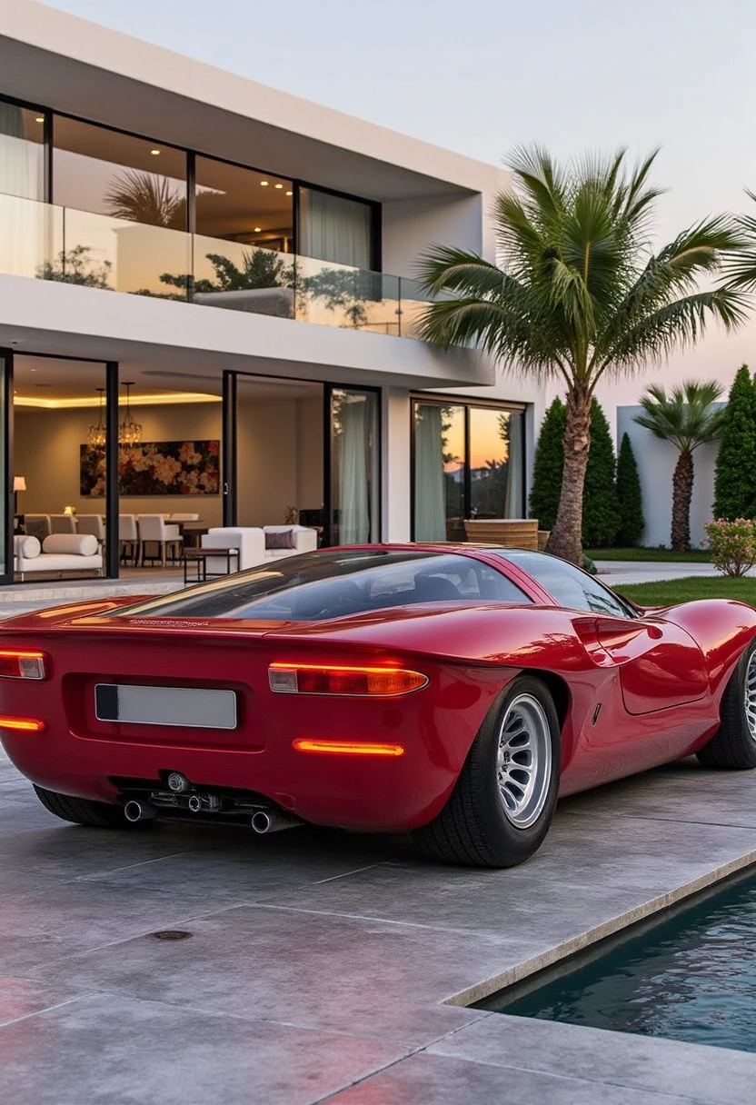 aromeo33, A luxury red car parked in front of a modern glass mansion, with a pool and palm trees in the background, bathed in soft evening light