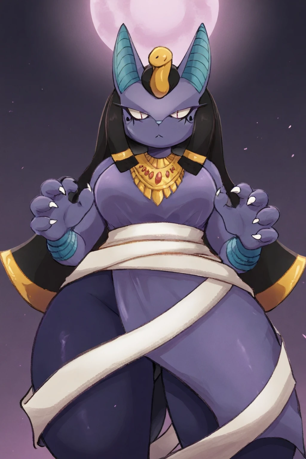 feminine, masterpiece, best quality, newest, absurdres, highres, neferkiti, furry, egyptian, anthro, bandages, jewelry, slit dress, claws,
BREAK
dynamic background,  <lora:Neferkiti_Fakemon_IL:1>