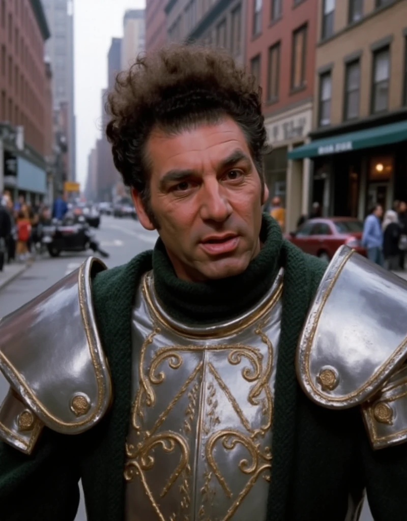 <lora:Cosmo_Kramer:0.9> cosmo kramer, a man, black hair. He wears a mediaval armor in a new york street