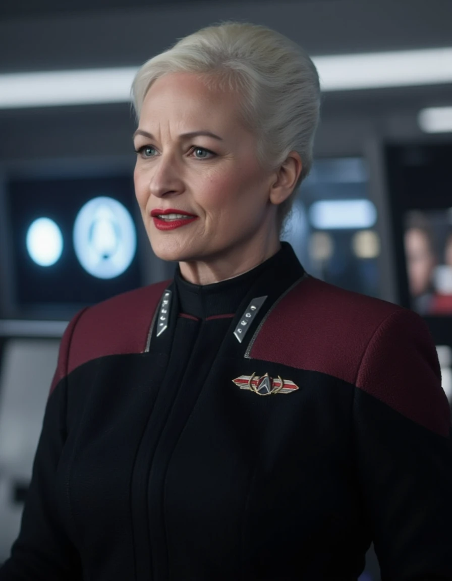 photo realistic,  LizShelby woman with grey hair wearing star trek uniform with red top with star trek badge, full shot, full body <lora:LizShelby_PIC_Flux_v1:1.3>