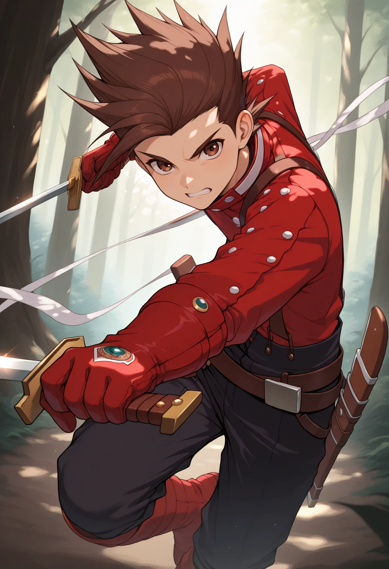 masterpiece, best quality, 1boy, looking at viewer, serious, clenched teeth, holding sword, dual wielding, running, sheath, foreshortening, <lora:LloydToS-illu:1> defLloyd, brown hair, spiked hair, brown eyes, red jacket, long sleeves, red gloves, suspenders, black pants, belt, knee boots, red footwear, forest, dappled sunlight