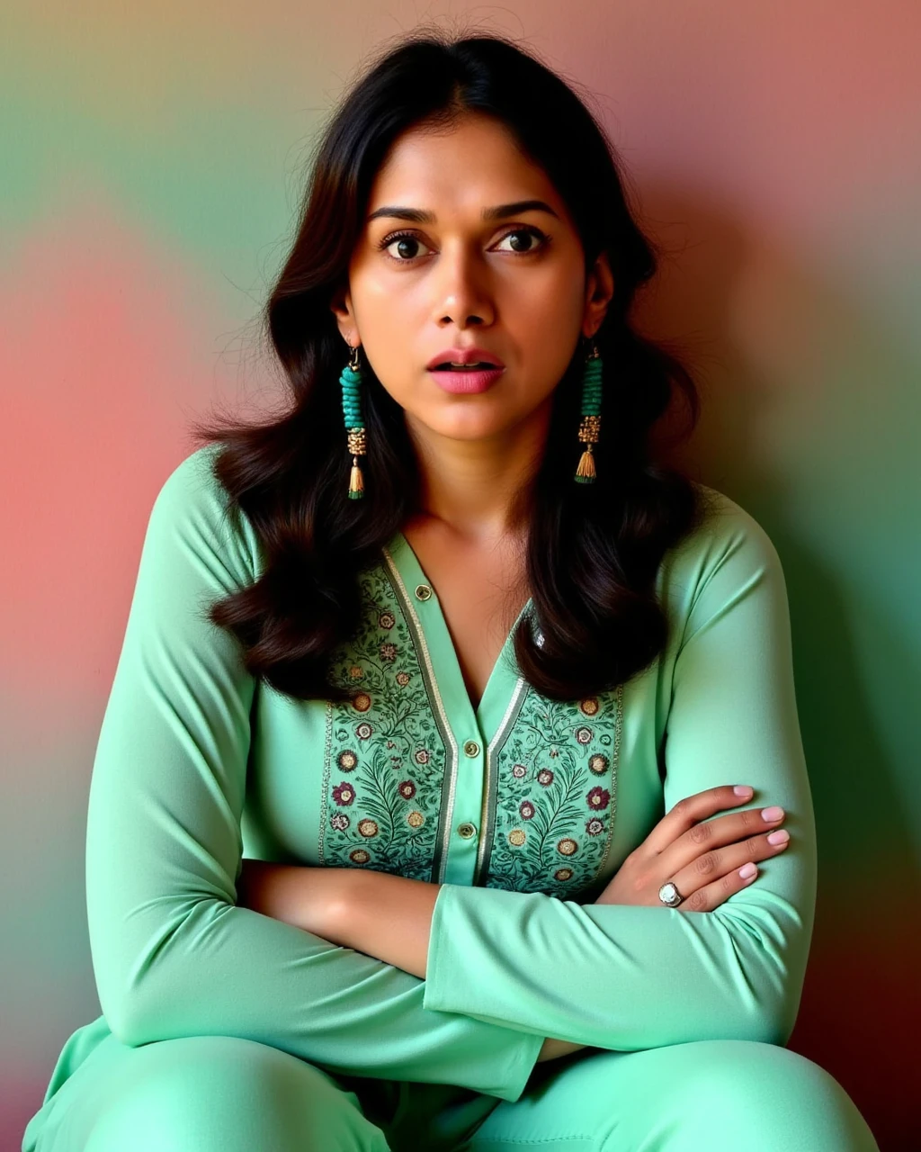 cowboy shot photo of Aditi Rao Hydari woman, candid photo with natural colors, surprised expression on face,studio quality, wearing intricate conservative long sleeved Mint Green Kalamkari Dress (hand-painted fabric), straight hair, constrasting pastel shaded multicolored background, cinematic soft lighting<lora:TestBed\Aditi_Rao_Hydari_Flux_Kohya_LoRA_v1.safetensors:1.0:1.0>