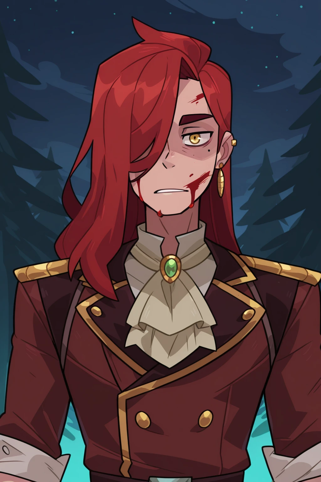 <lora:Monster_Prom:1>, Monster Prom, 1boy, red hair, male focus, solo, long hair, yellow eyes, blood on face, hair over one eye, jewelry, looking at viewer, blood, earrings, upper body, mole, ascot, outdoors, night,