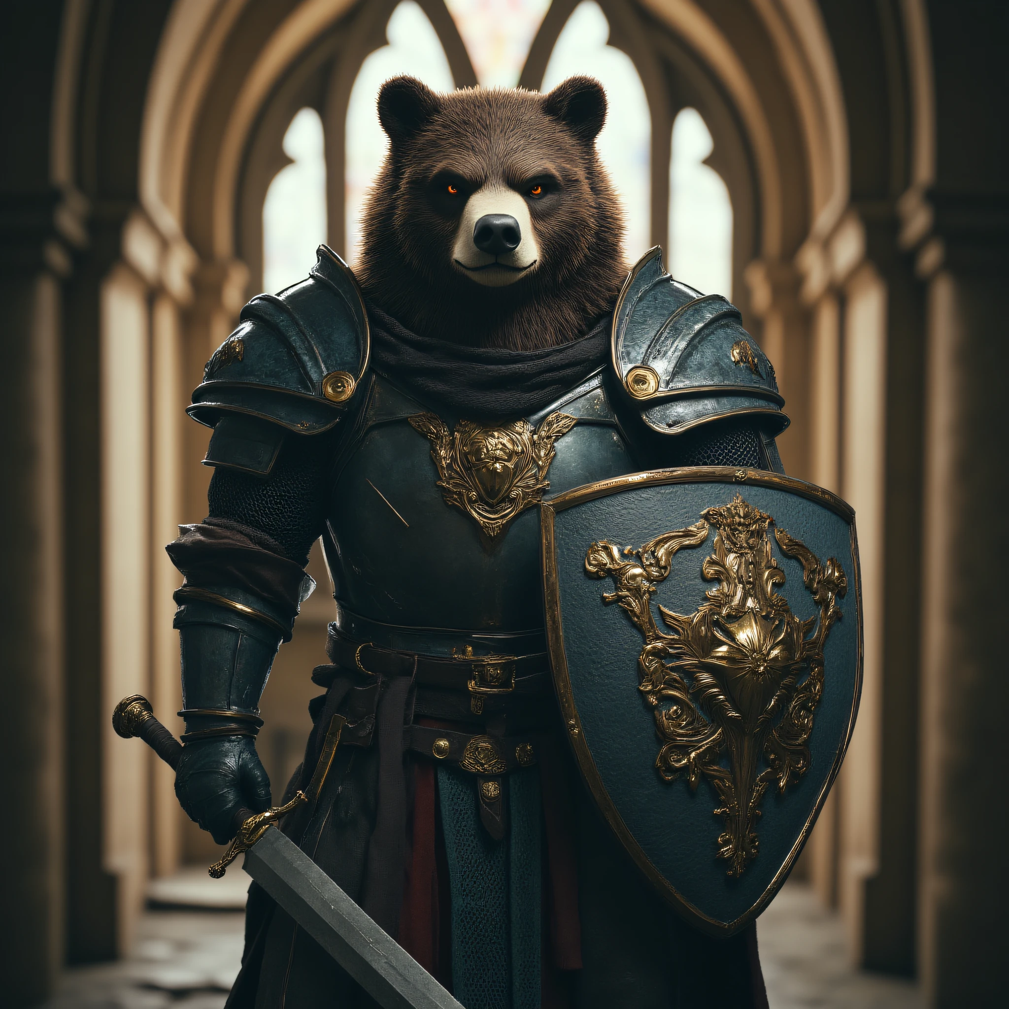 Anthropomorphic, cinematic setting, The image shows a bear dressed in armor holding a sword and shield standing in front of a building with pillars and stained glass windows., weapon, sword, armor, shield, sheath, holding, blurry, gauntlets, blurry background, indoors