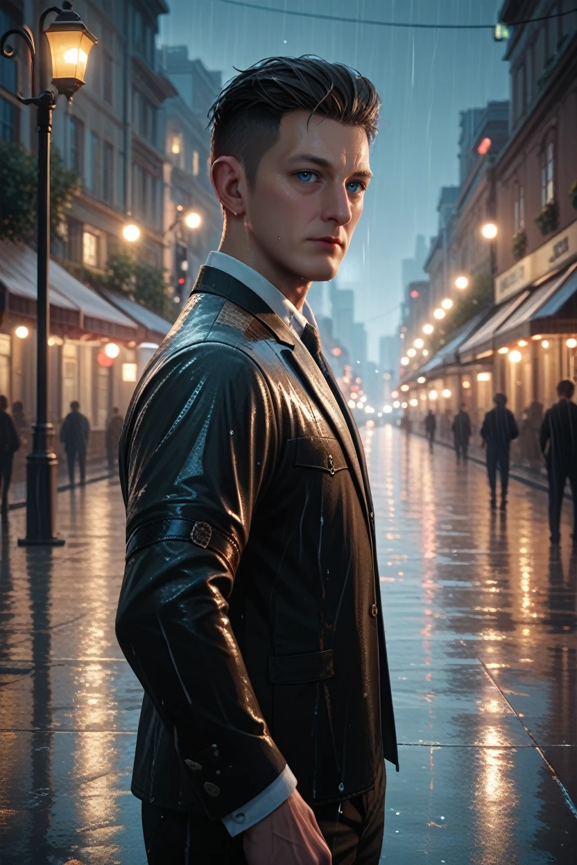 score_9, score_8_up, score_7_up,
<lora:DPCurator:0.8>
DPCurator, 1boy, short hair, blue eyes, looking at viewer, standing under a streetlamp in the rain, reflections on wet pavement, city lights blurred in the background, cinematic and dramatic feel