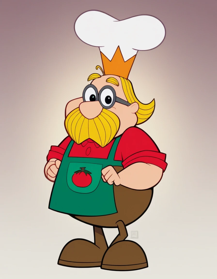 Rei_Apetite_Zuzu, solo, blonde hair, shirt, 1boy, standing, full body, male focus, glasses, black eyes, apron, facial hair, crown, red shirt, mustache, large yellow mustache, round grey glasses, green apron with a tomato logo, brown pants, and shoes. A white chef's hat sits on top of head, styled like a crown