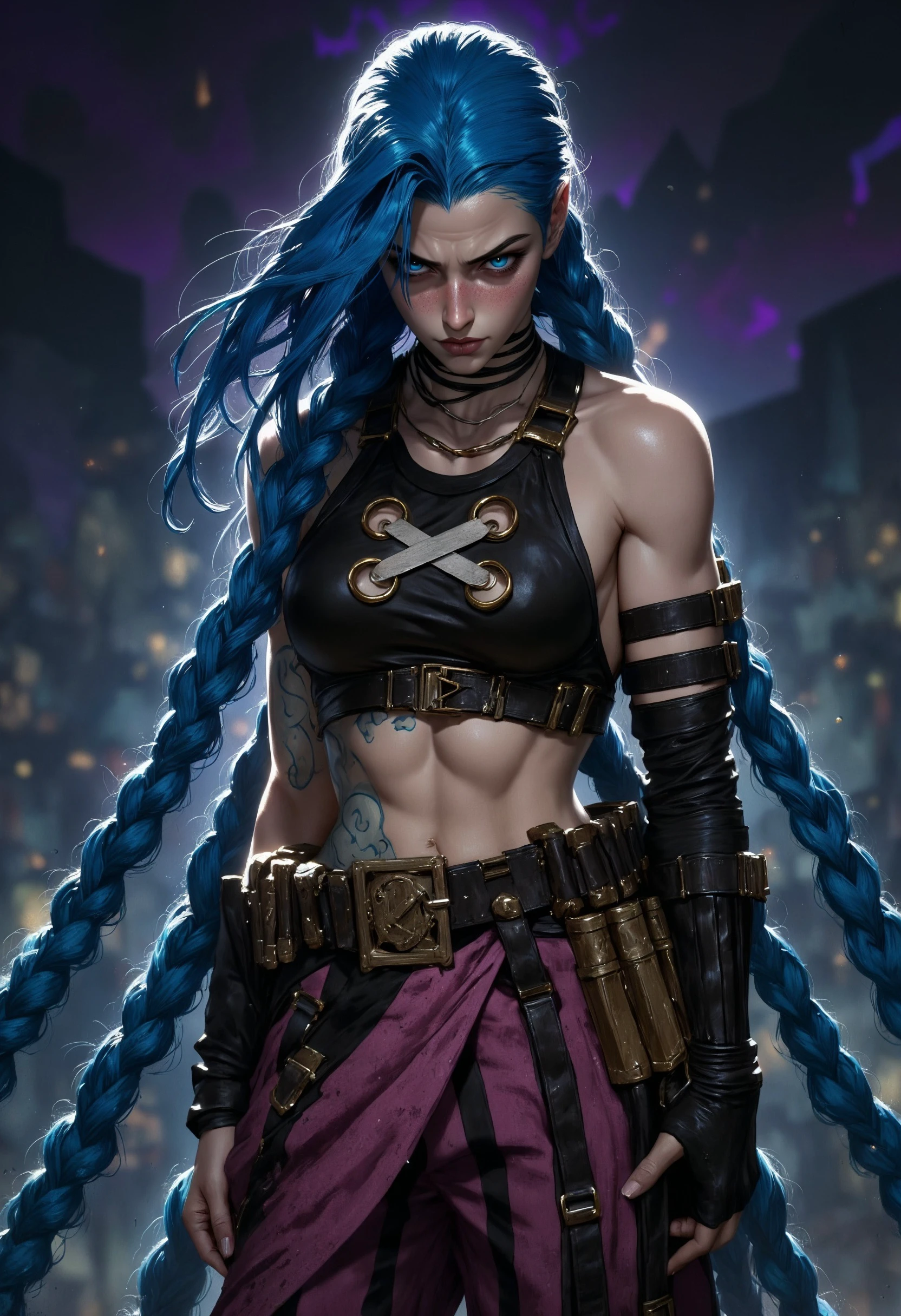 JinxA, young woman, full-body woman with a rude appearance, midriff, long braided blue hair, in bohemian style clothing, eyes blue.
<lora:FluxMythP0rtr4itStyle:0.6> <lora:flux.1_lora_flyway_Epic-Characters_v1:0.6> <lora:Elden_Ring_-_Yoshitaka_Amano:0.33> <lora:FluxJinxV2:1>