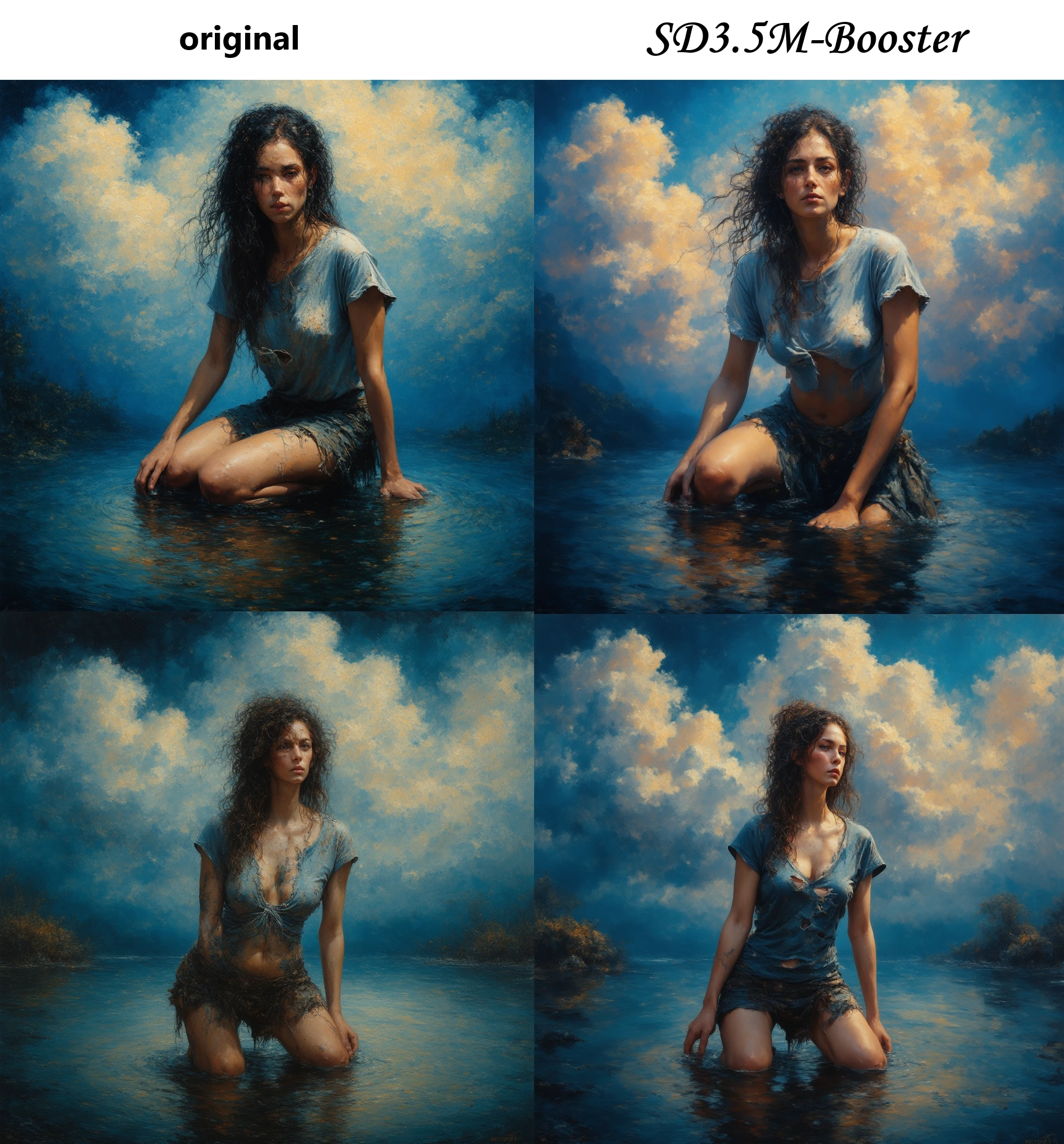 mysterious hobo woman, kneeling in water, torn t-shirt, short skirt, big breasts, photorealism, amazing depth, beautiful art, maximalism, fantasy concept art, impressionist oil painting by Claude Monet, Geoffroy Thoorens, James Christensen, Russ Mills, intricate, cinematic lighting, highly detailed, smooth, sharp focus, perfect balanced style, amazing depth, complementary colors, whimsical clouds, hyperdetailed, dark light, stunning masterwork