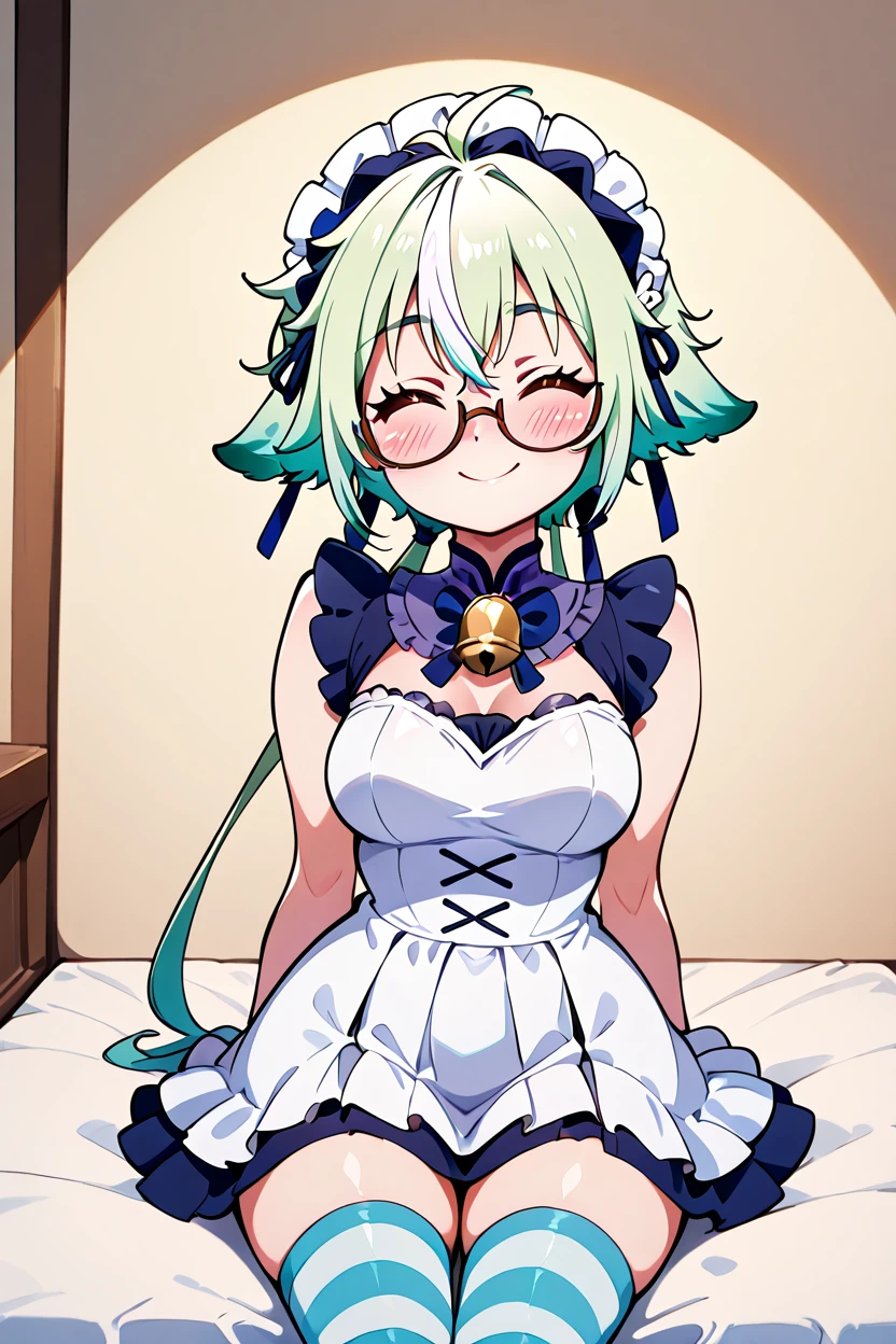 masterpiece, best quality, 32k, high resolution, absurdres, medium breasts, (curvy), cute, eyelashes, vivid colors, BREAK  ,,, zzSucrose, ahoge, brown eyes, glasses, gradient hair, hair between eyes, messy hair, multicolored hair, semi-rimless eyewear, short hair, <lora:SucroseGenshinIXL:1.0>,,,,,,<lora:ShowByRock_Illustrious:1>, <lora:GoldenCATLoraIXL:0.8>,,,  solo, blush, smile, thighhighs, dress, bow, sitting, closed eyes, striped, maid headdress, bell, striped thighhighs,