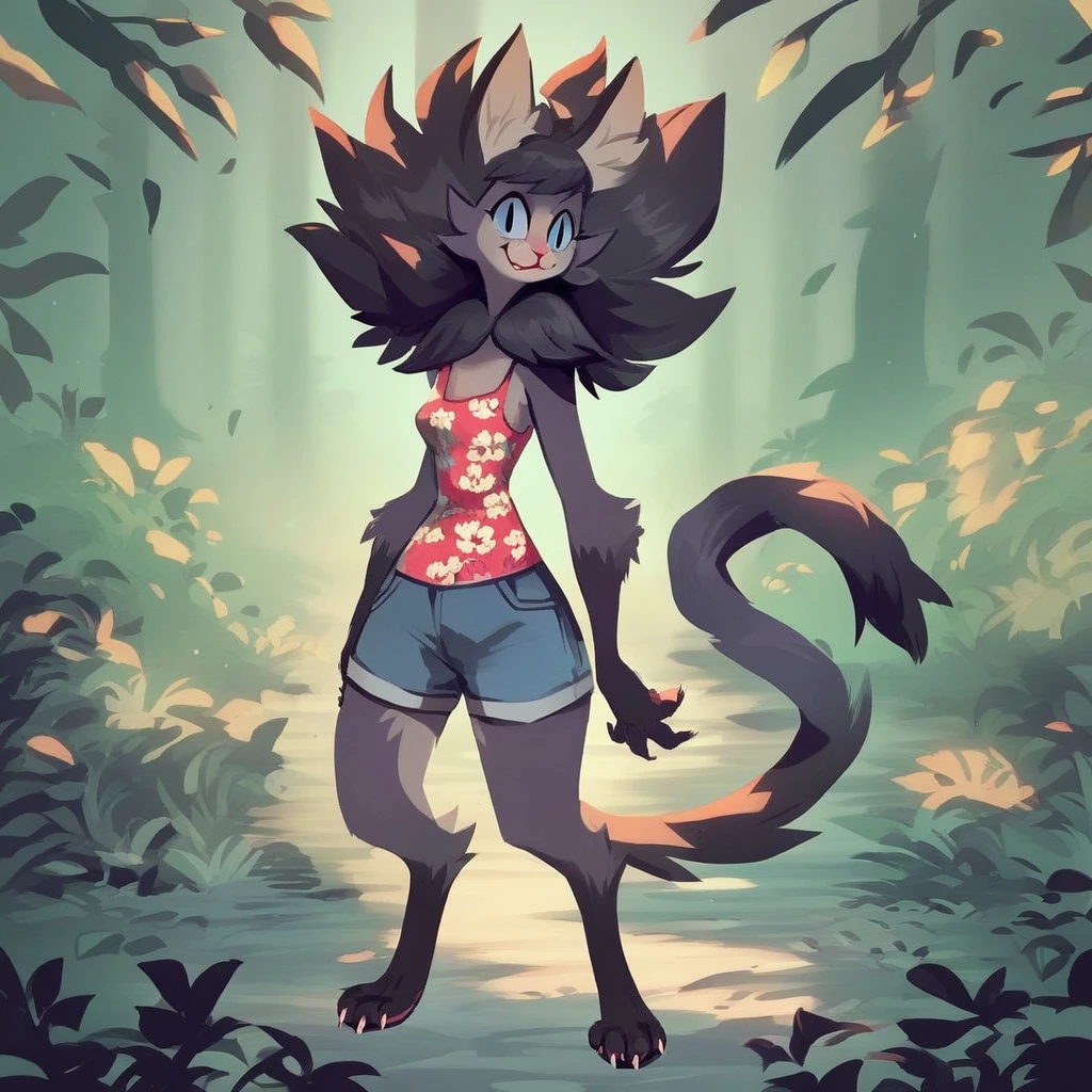 score_9, score_8_up, score_8, score_7, source_cartoon, source_furry, Solo, 1girl, cat, catgirl, anthro, female furry, gray and black fur, black mane, cute face, two-tone tail, digigrade feet, sharp claws, full body, floral pattern tank top, dark blue shorts, forest background, standing, looking at viewer, neutral expression, smile,