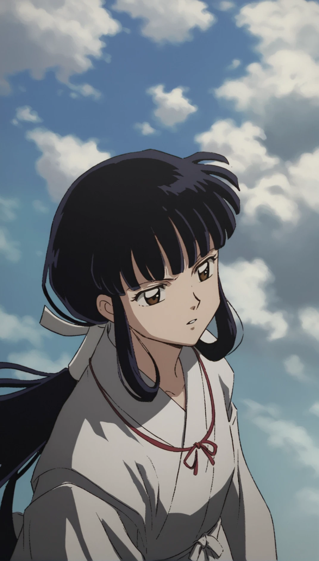 score_9,score_8_up,score_7_up,
<lora:11223kikyo:1>,
oykik,
1girl, solo, black hair, bangs, low ponytail, white scrunchie, brown eyes, eyes looking to the side, parted lips, white robe, red ribbon, portrait, from above, facing aside
outdoors,blue sky,cloud,